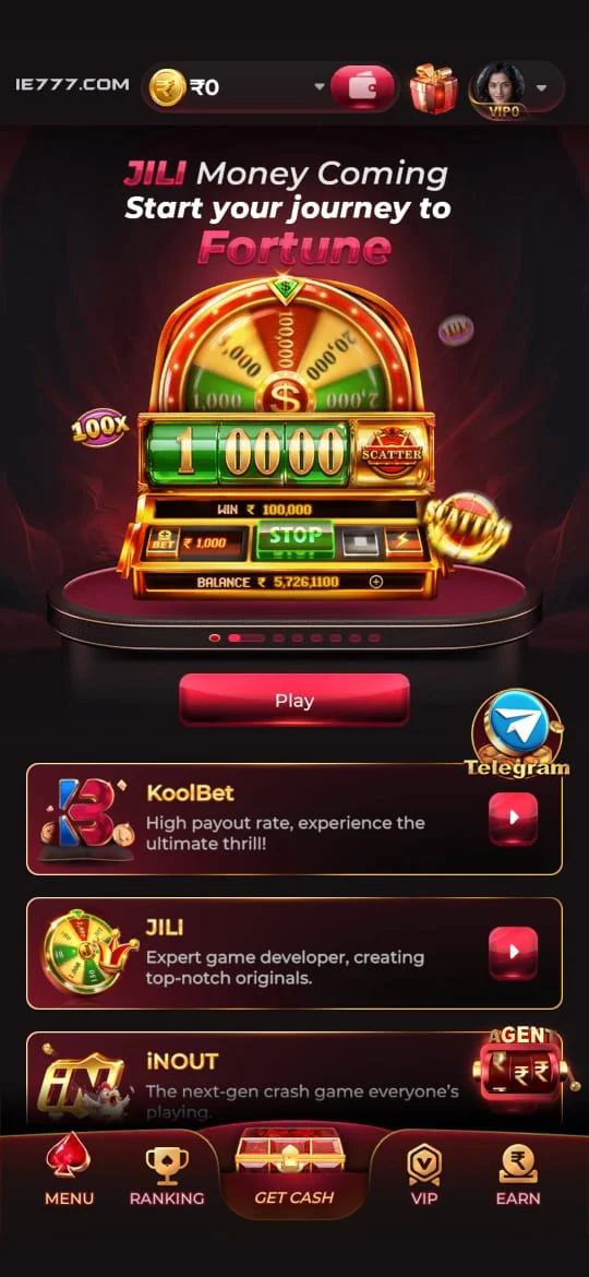 IE777 Game app home screen with JILI banner and KoolBet, JILI and iNOUT game sections