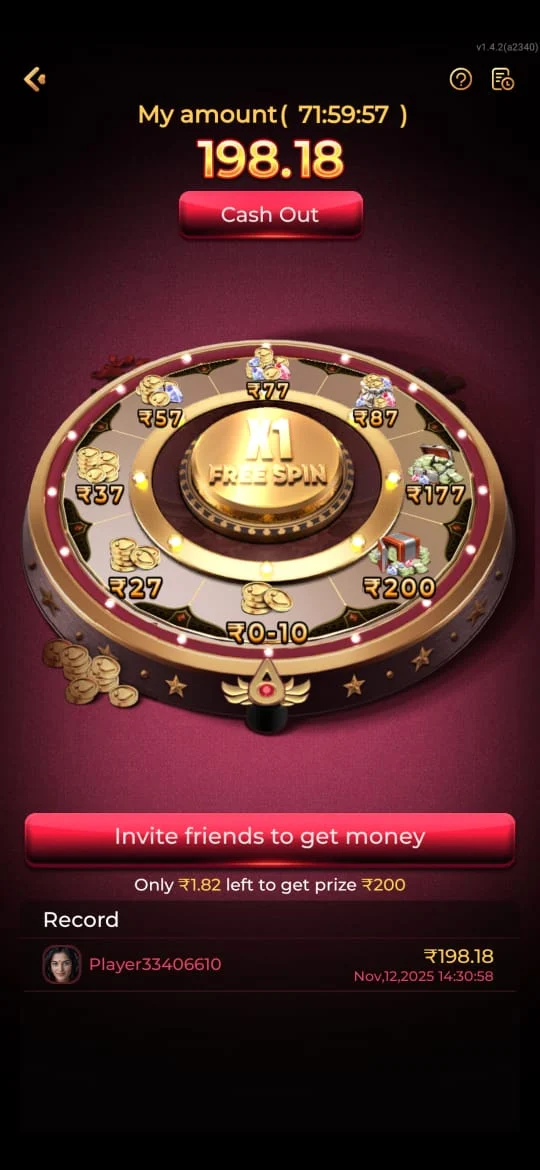 IE777 Game invite-friends cash wheel with a ₹200 cash-out prize