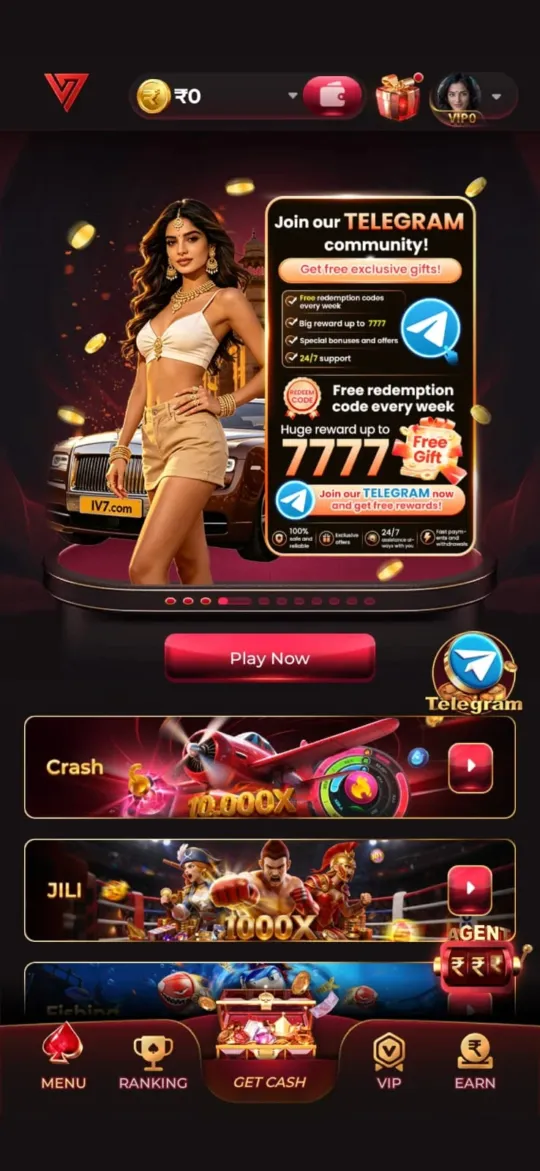 IV7 Game app home screen with Telegram rewards banner and Crash, JILI and Fishing game sections