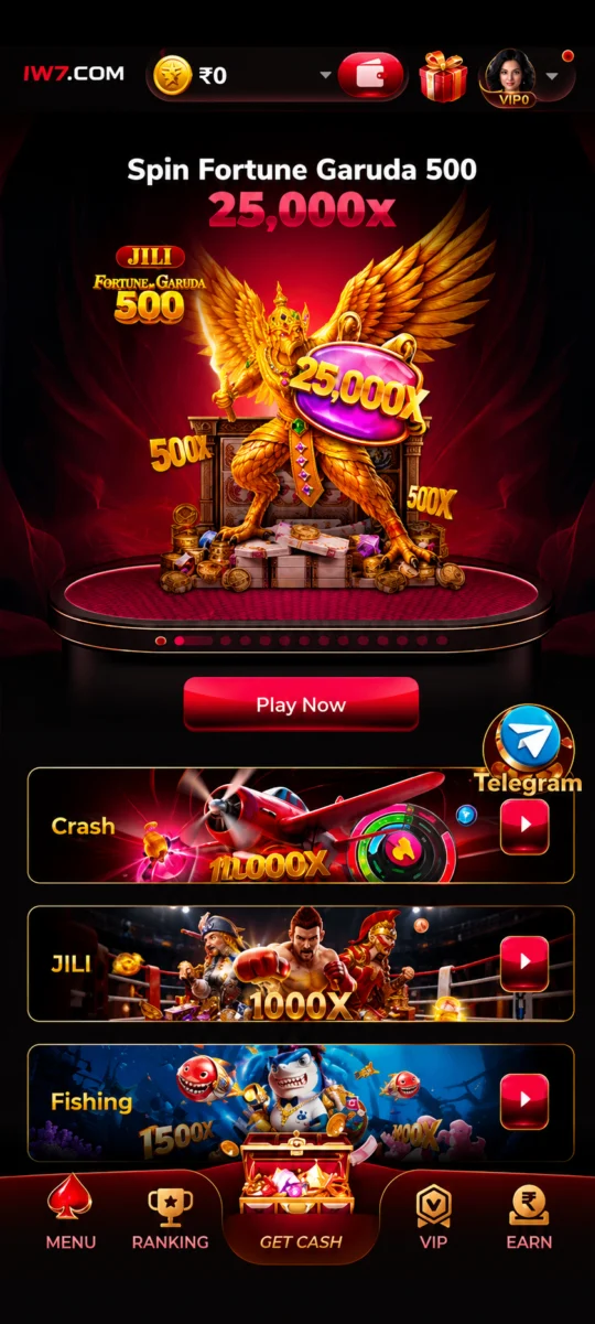 IW7 Game app home screen with featured slot banner and game categories