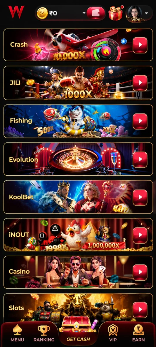 IW7 Game lobby showing Crash, JILI, Fishing, Evolution, KoolBet, iNOUT, Casino and Slots categories